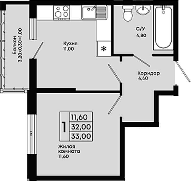 1-комн., 32 м², 2/9 этаж, ЖК «Премьер»