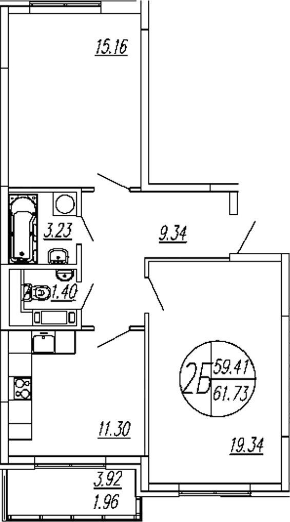 2-комн., 59.77 м², 2/4 этаж, ЖК «Шолохово»