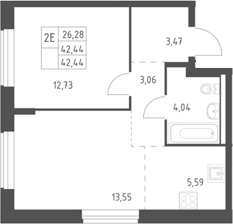 2-комн., 42.44 м², 8/11 этаж, ЖК «Горки Парк»