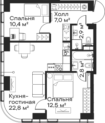 3-комн., 58.4 м², 10/59 этаж, ЖК «Сити Бэй»
