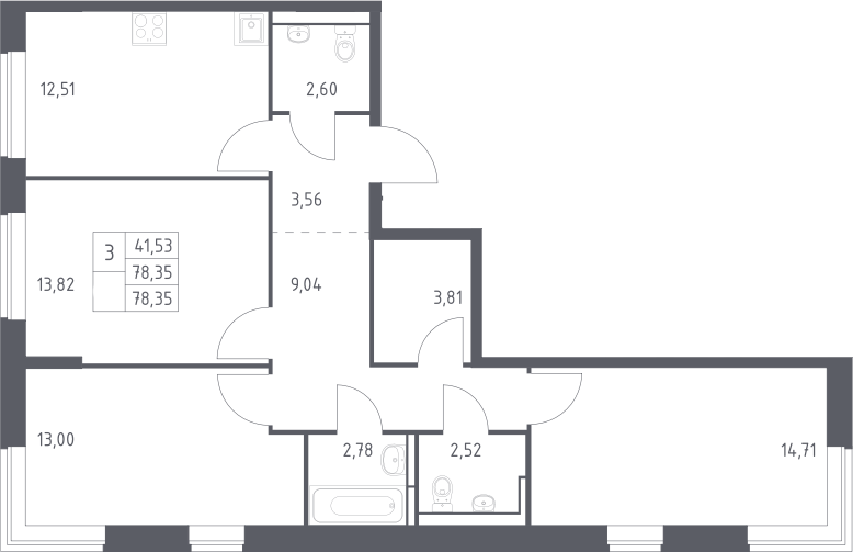 3-комн., 78.35 м², 5/12 этаж, ЖК «Богдановский лес»