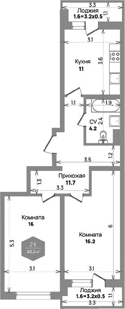 2-комн. квартира, 59 м² в ЖК Бауинвест — фото 2