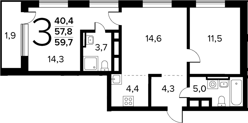 3-комн., 57.8 м², 9/11 этаж, ЖК «Новые Ватутинки Квартал у реки»