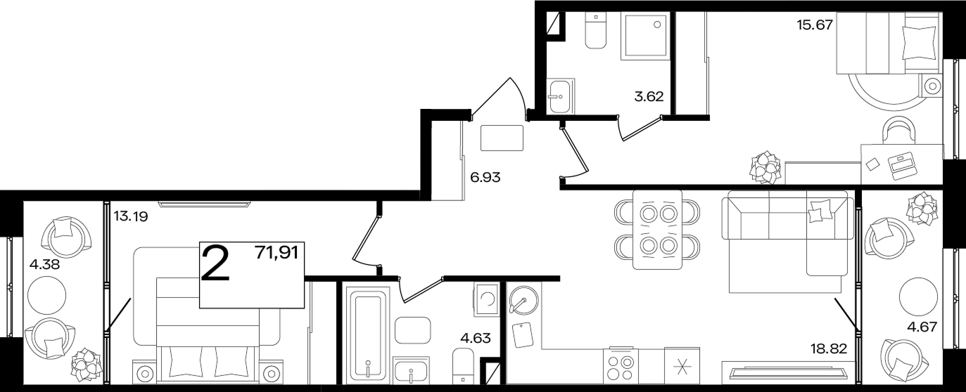 3-комн. квартира, 61.91 м² в ЖК Патрики — фото 2