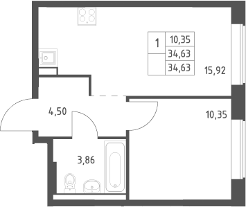 2-комн., 34.63 м², 12/12 этаж, ЖК «Большое Юрлово»
