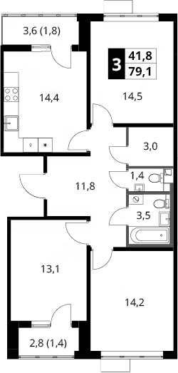 3-комн., 76 м², 9/16 этаж, ЖК «1-й Шереметьевский»