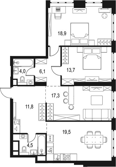 4+ комнаты, 95.8 м², 8/50 этаж, ЖК «Левел Южнопортовая»