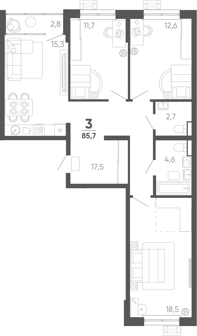 3-комн. квартира, 82.9 м² в ЖК Барса — фото 2