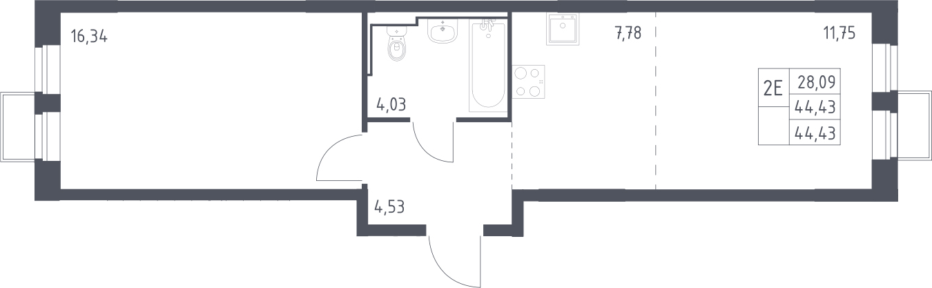 2-комн., 44.43 м², 9/16 этаж, ЖК «Молжаниново»