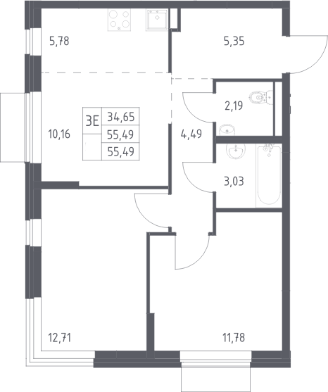 3-комн., 55.49 м², 10/24 этаж, ЖК «Квартал Авиаторов»