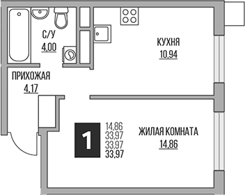 2-комн., 33.97 м², 9/14 этаж, ЖК «Гранель Притяжение Сити»