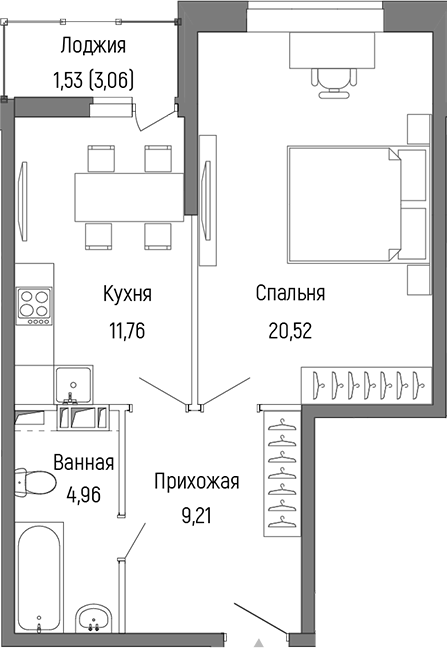 1-комн., 46.45 м², 2/9 этаж, ЖК «Рига Хиллс»