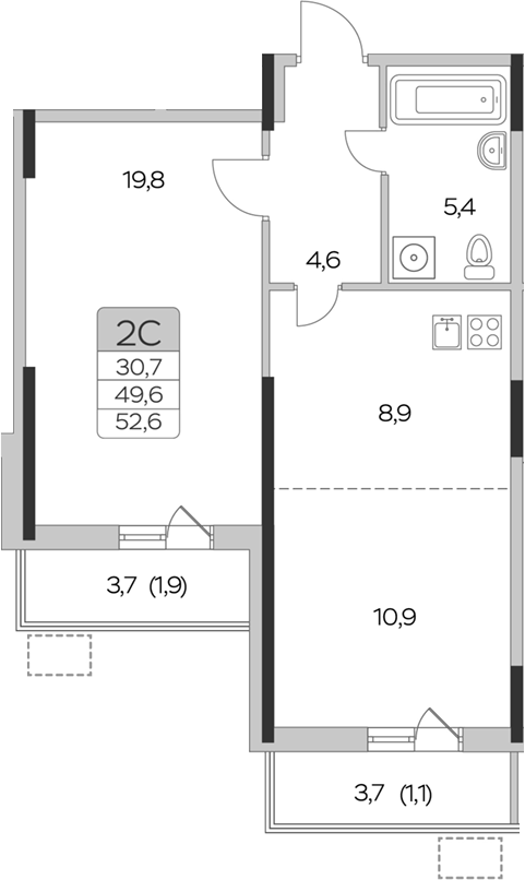 1-комн., 49.6 м², 3/9 этаж, ЖК «Пироговская ривьера. Мытищи»