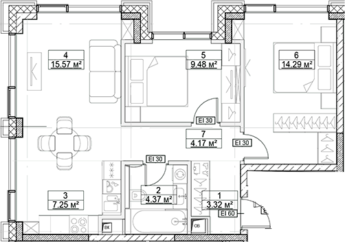3-комн., 58.45 м², 25/27 этаж, ЖК «Сити Бэй»