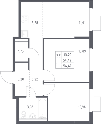 3-комн., 54.47 м², 6/13 этаж, ЖК «Горки Парк»