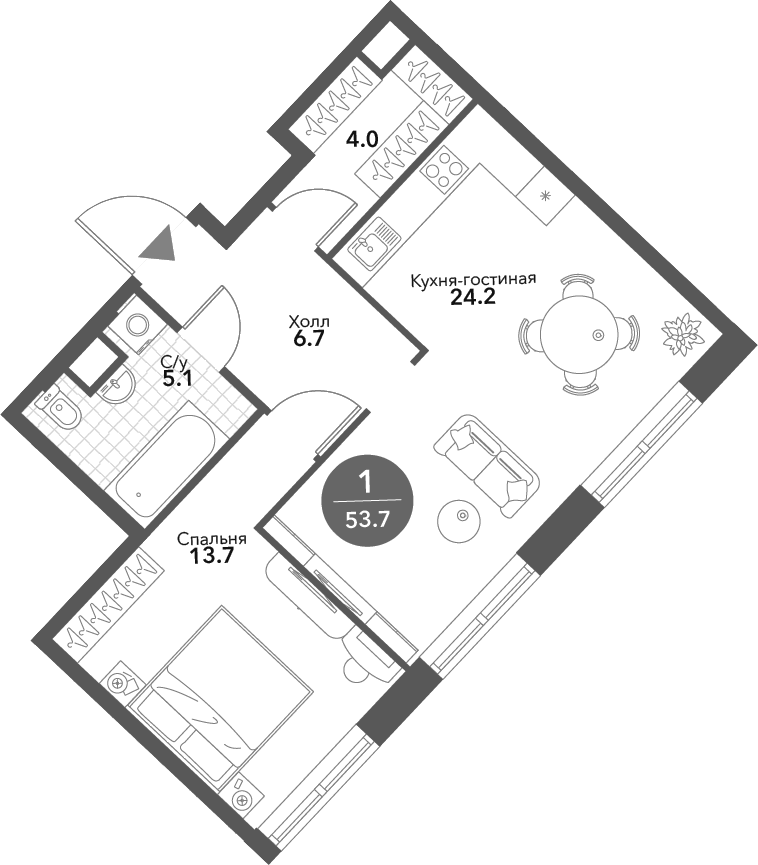 2-комн., 53.7 м², 10/20 этаж, ЖК «Воксхолл»