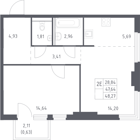 2-комн., 47.64 м², 14/17 этаж, ЖК «Пригород Лесное»