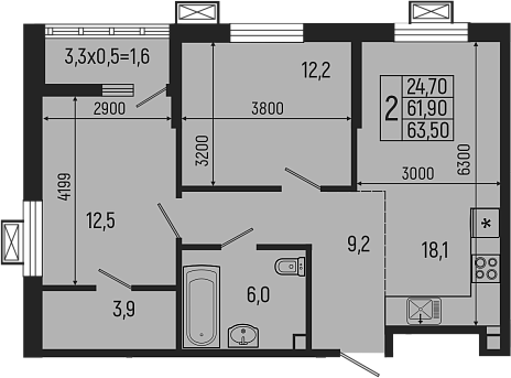 3-комн. квартира, 61.9 м² в ЖК Звезды — фото 2