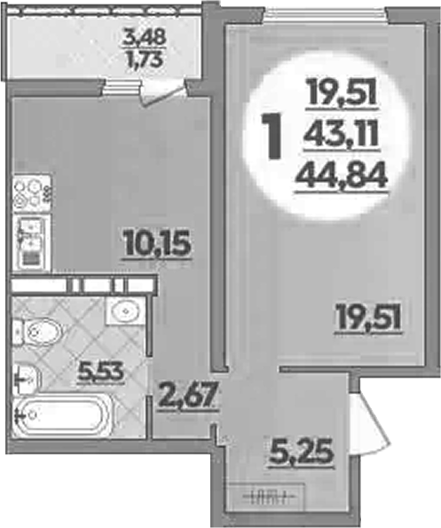 1-комн., 43.11 м², 15/16 этаж, ЖК «Восточный. Квартал №6»