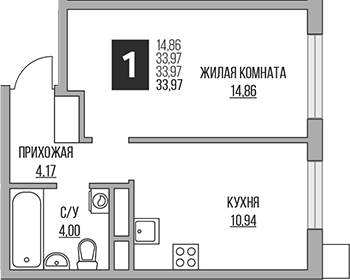 1-комн., 33.97 м², 10/14 этаж, ЖК «Гранель Притяжение Сити»