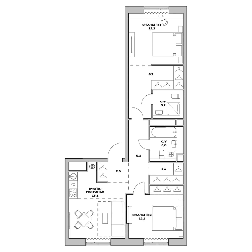 3-комн., 71.4 м², 14/22 этаж, ЖК «Детали»