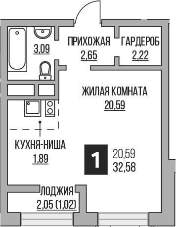 Студия, 30.53 м², 2/16 этаж, ЖК «Гранель Пехра»