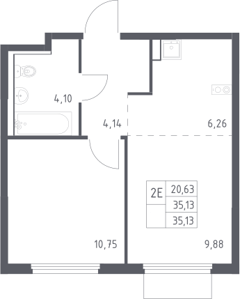2-комн., 35.13 м², 13/15 этаж, ЖК «Пригород Лесное»