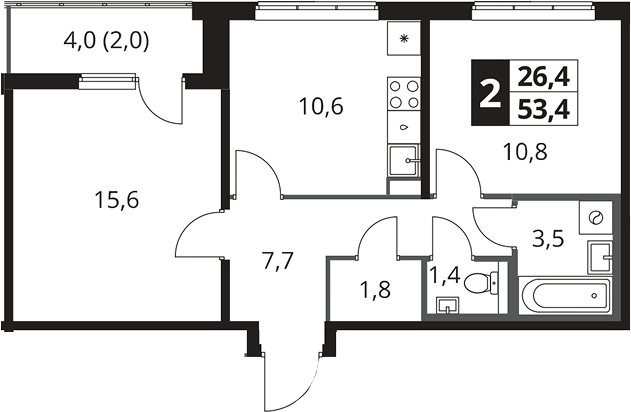 2-комн., 51.4 м², 20/25 этаж, ЖК «1-й Южный»