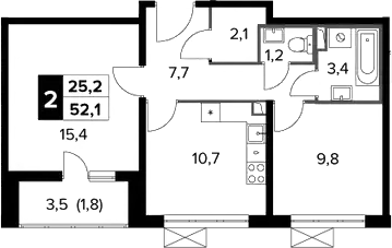 2-комн., 50.3 м², 4/24 этаж, ЖК «Южная Битца»