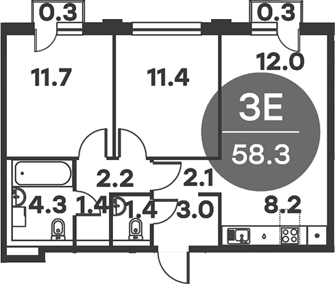 3-комн., 57.7 м², 6/6 этаж, ЖК «Равновесие»