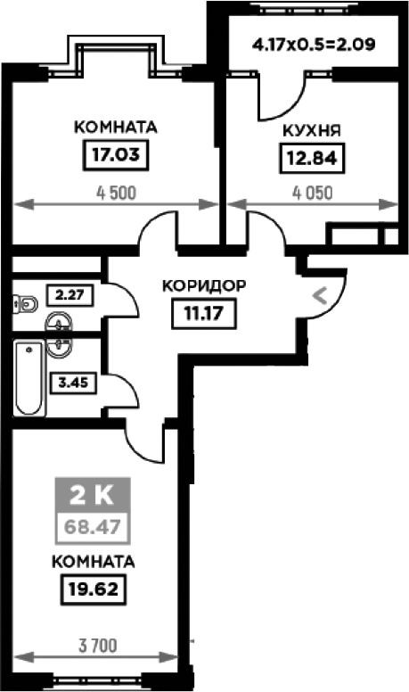 2-комн., 66.38 м², 13/19 этаж, ЖК «Сердце»