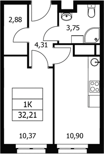 1-комн., 32.21 м², 20/21 этаж, ЖК «Волковская 67»