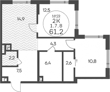 2-комн., 61.2 м², 7/14 этаж, ЖК «Клубный квартал КРЫЛАТСКАЯ 33»