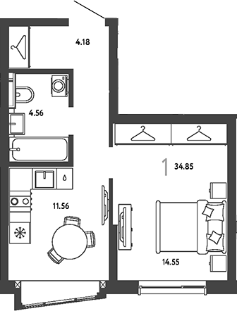 1-комн., 34.85 м², 13/19 этаж, ЖК «Страна.Парковая»