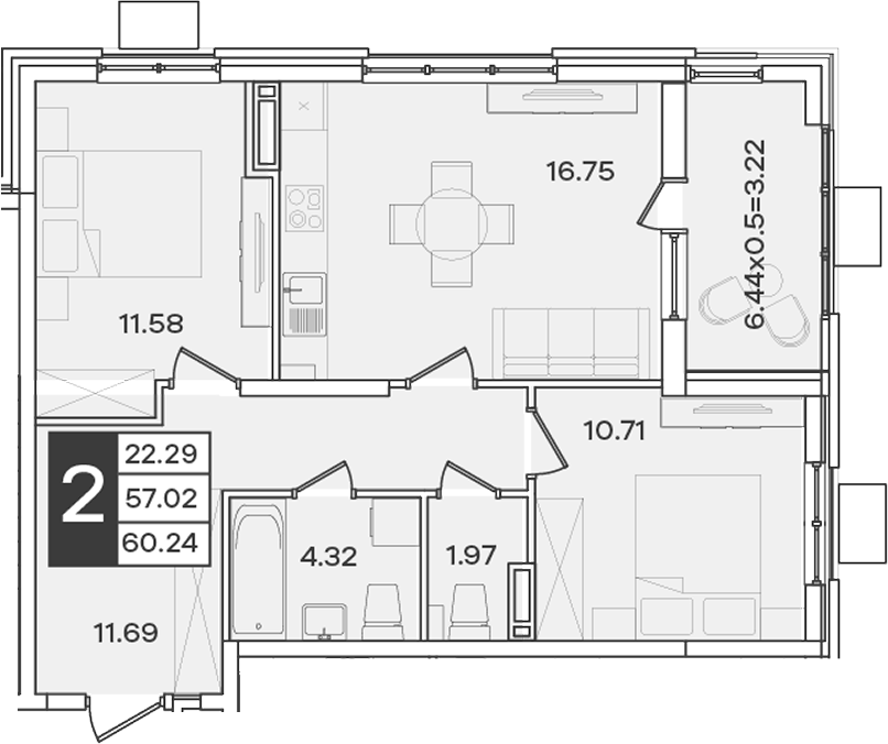 2-комн., 57.02 м², 16/18 этаж, ЖК «Сюжеты»
