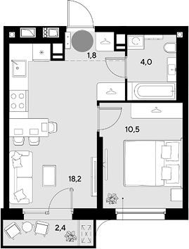 1-комн., 34.5 м², 6/9 этаж, ЖК «Грейд»