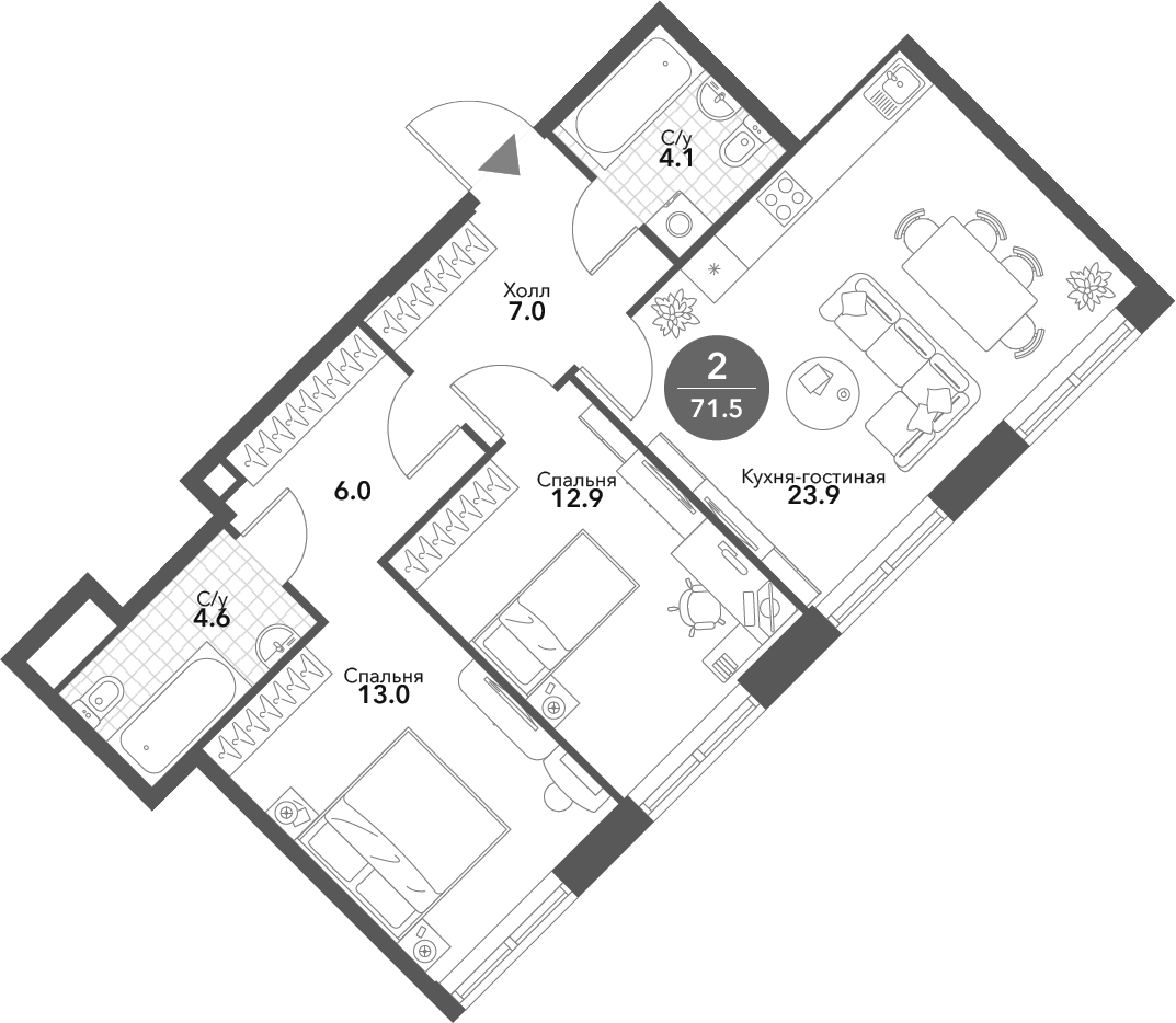 3-комн., 71.5 м², 6/14 этаж, ЖК «Воксхолл»