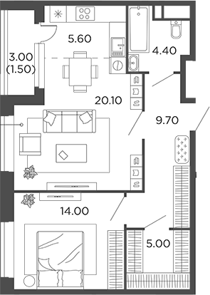 2-комн., 58.8 м², 6/22 этаж, ЖК «Филатов Луг»