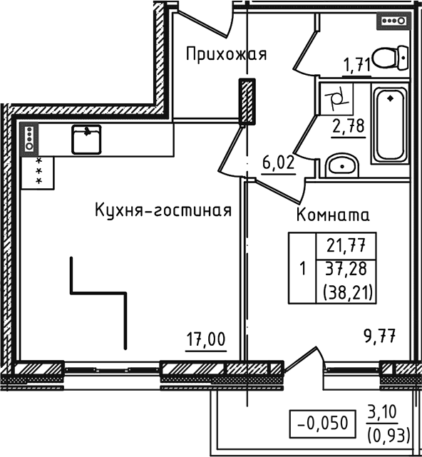2-комн., 37.28 м², 1/5 этаж, ЖК «Зеленый город»