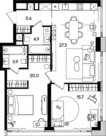 3-комн., 77.4 м², 21/45 этаж, ЖК «СТОУН Грэйн»