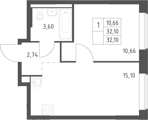 2-комн., 32.1 м², 2/12 этаж, ЖК «Большое Юрлово»