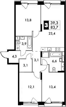 4+ комнаты, 83.7 м², 5/10 этаж, ЖК «Лэйк»