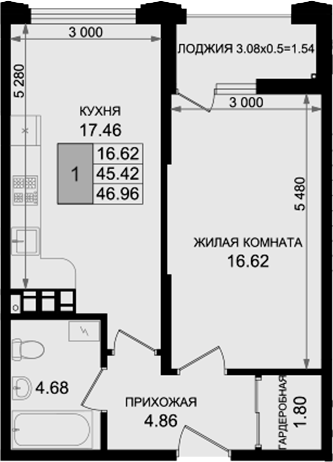 1-комн. квартира, 45.42 м² в ЖК Резиденция морей — фото 2