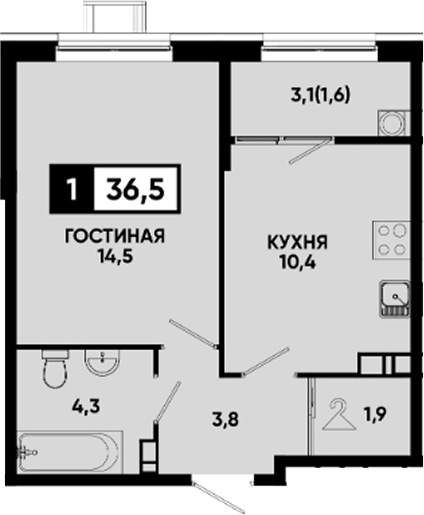 1-комн., 34.9 м², 2/12 этаж, ЖК «Квартал на курорте Моя Легенда»