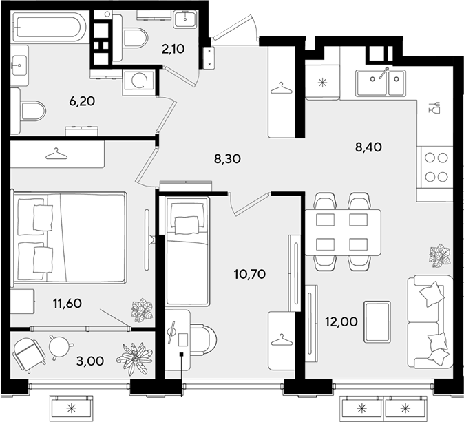3-комн., 59.3 м², 5/9 этаж, ЖК «Порто-Ново»