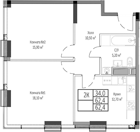 2-комн., 62.4 м², 27/35 этаж, ЖК «Мираполис»
