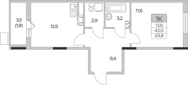 1-комн., 42 м², 3/9 этаж, ЖК «Пироговская ривьера. Мытищи»