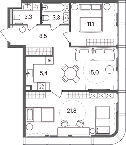 3-комн., 68.4 м², 22/24 этаж, ЖК «СТОУН Сокольники»