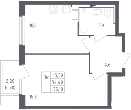 1-комн., 34.4 м², 17/17 этаж, ЖК «Мытищи Парк»