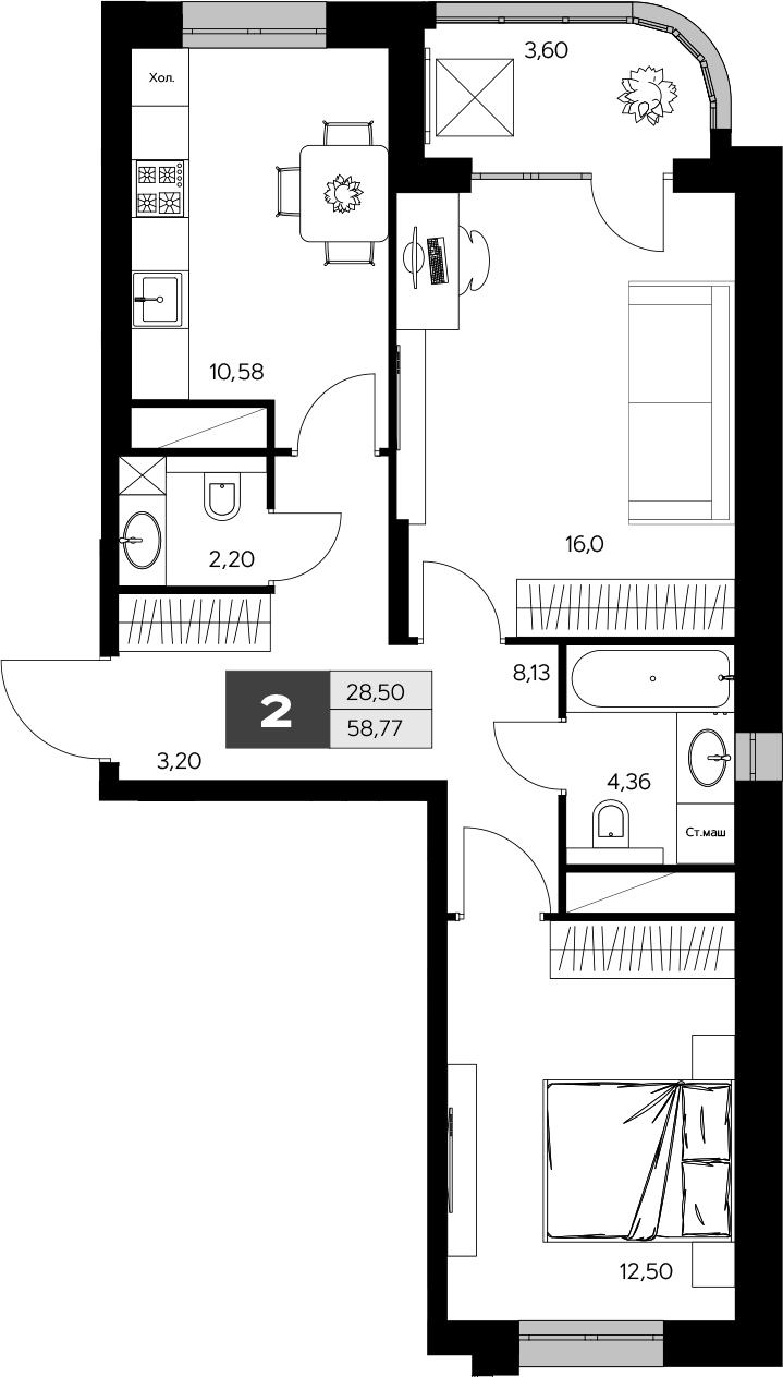2-комн., 56.97 м², 9/9 этаж, ЖК «Ласточкино»